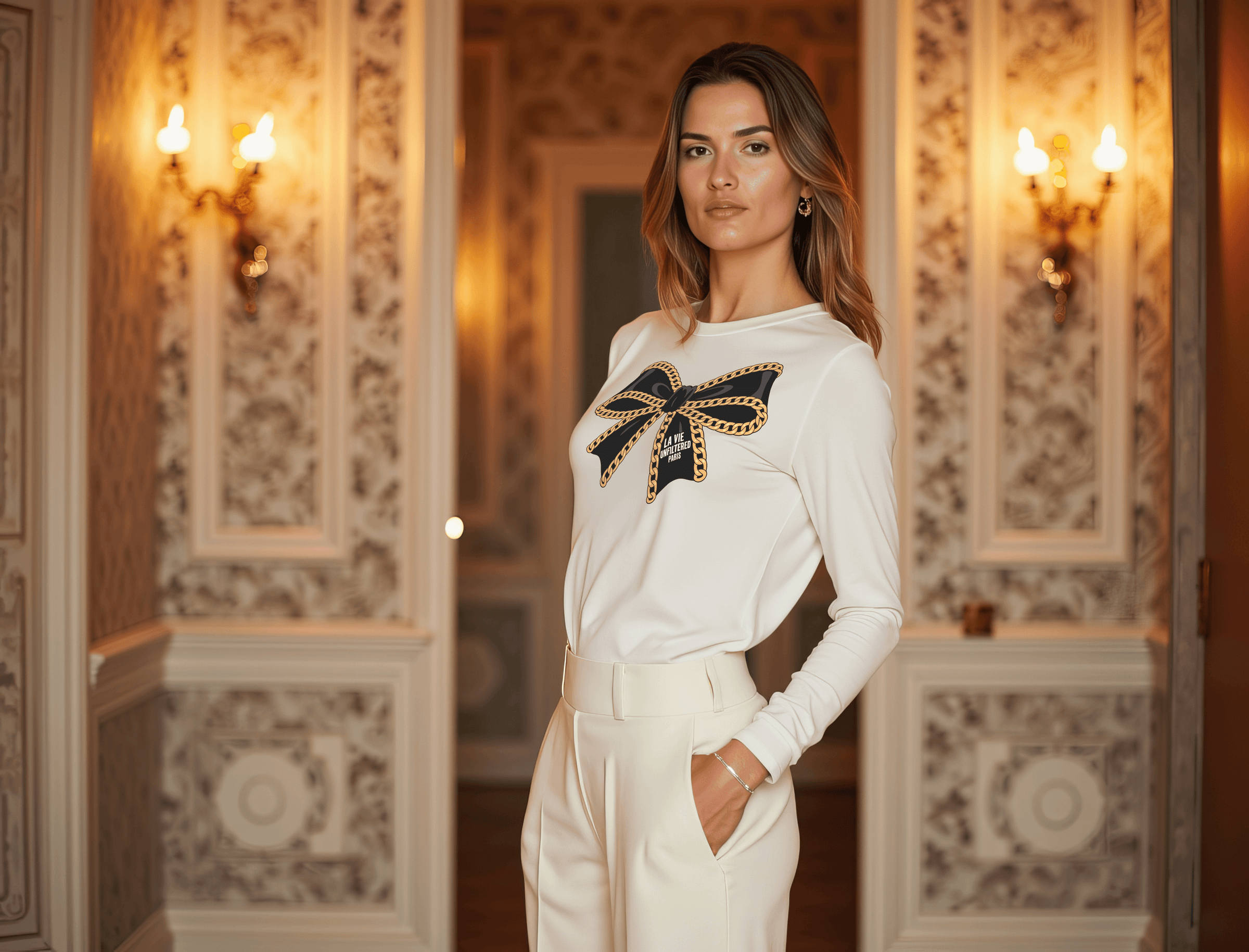 Woman wearing a white long sleeve top with a gold chain bow graphic standing in an ornate Parisian style room with warm wall sconces