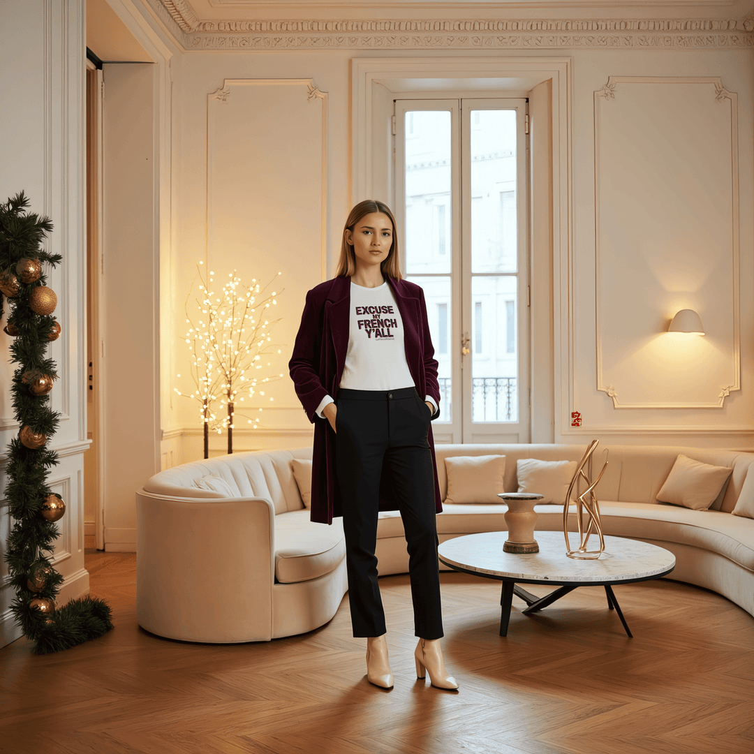 Woman wearing a white Excuse My French Y’all tee and burgundy coat standing in an elegant living room with holiday garland and a lit decorative tree