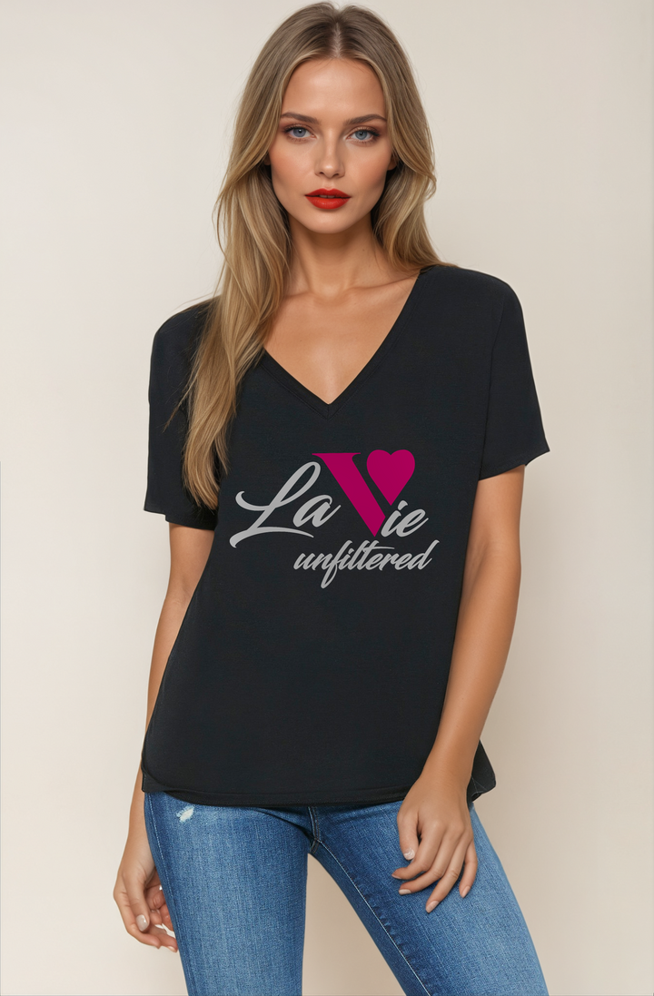 La Vie unfiltered pink - V-Neck Slouchy Glam Tee - La Vie unfiltered