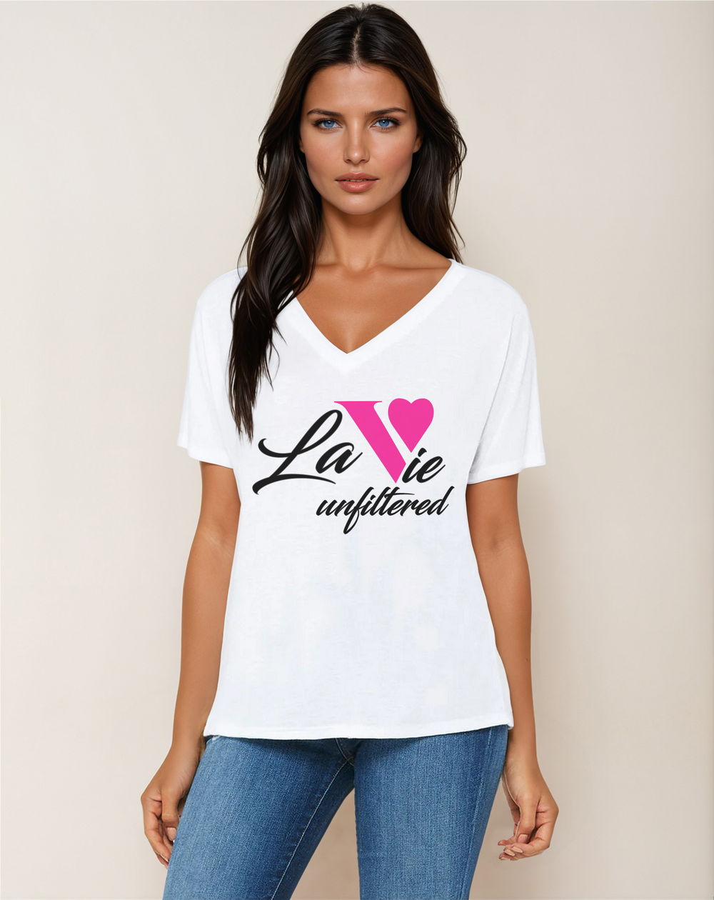 La Vie unfiltered pink - V-Neck Slouchy Glam Tee - La Vie unfiltered