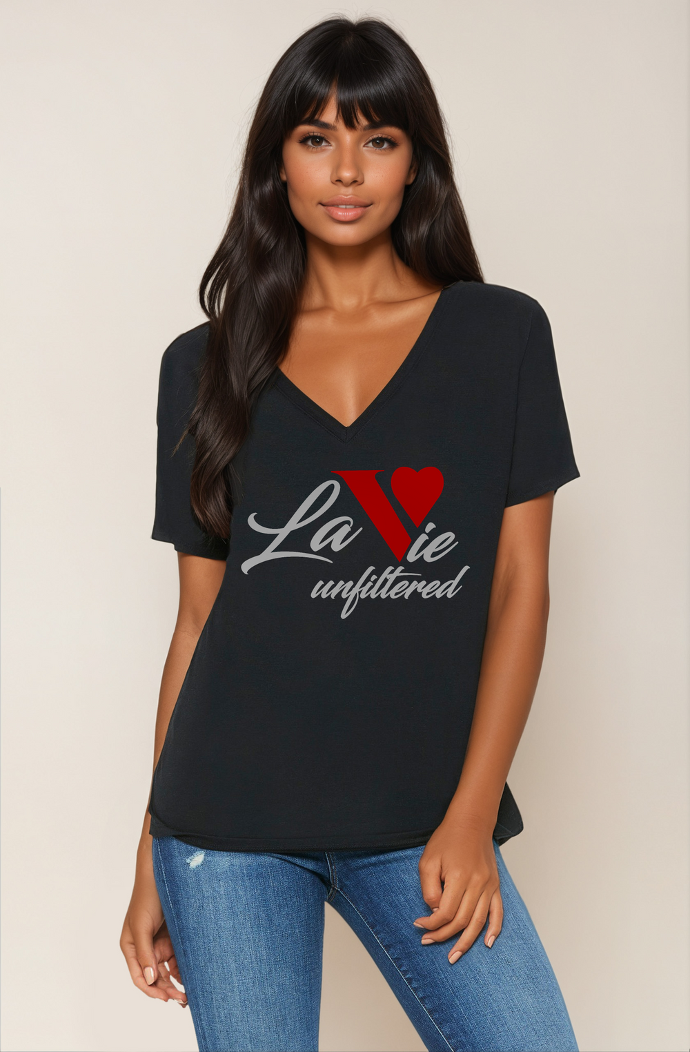 La Vie unfiltered red - V-Neck Slouchy Glam Tee - La Vie unfiltered