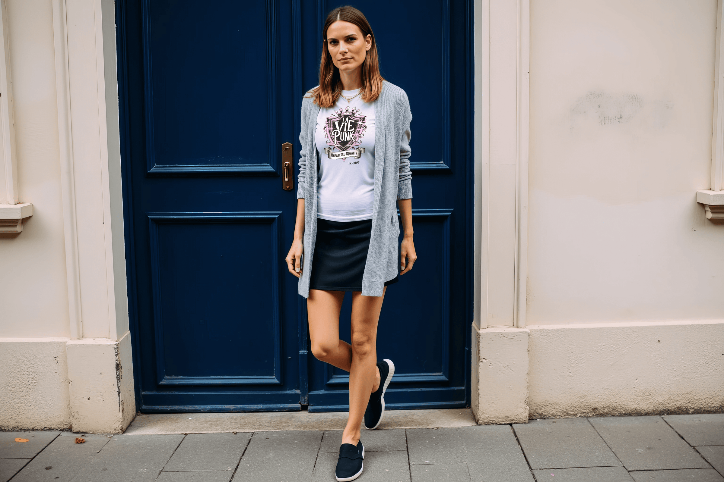 Woman in a grey cardigan, white graphic La Vie Punk tee, black mini skirt, and slip-on sneakers standing in front of a deep blue Parisian door.