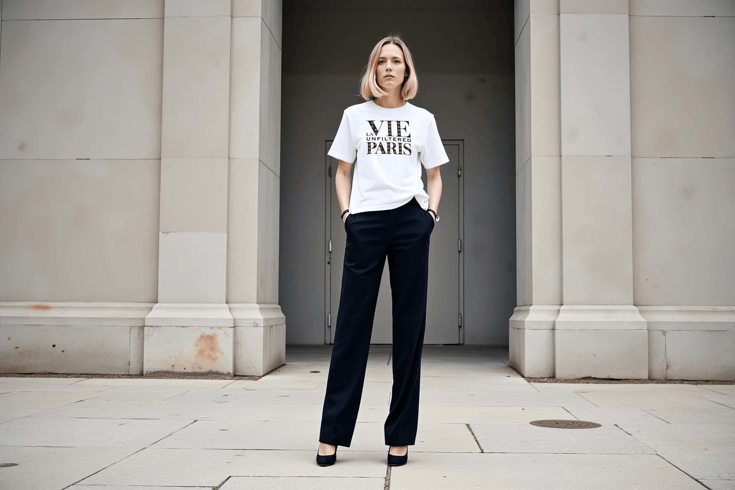 Woman standing confidently in white La Vie Unfiltered Paris tee with black wide-leg trousers and black heels.