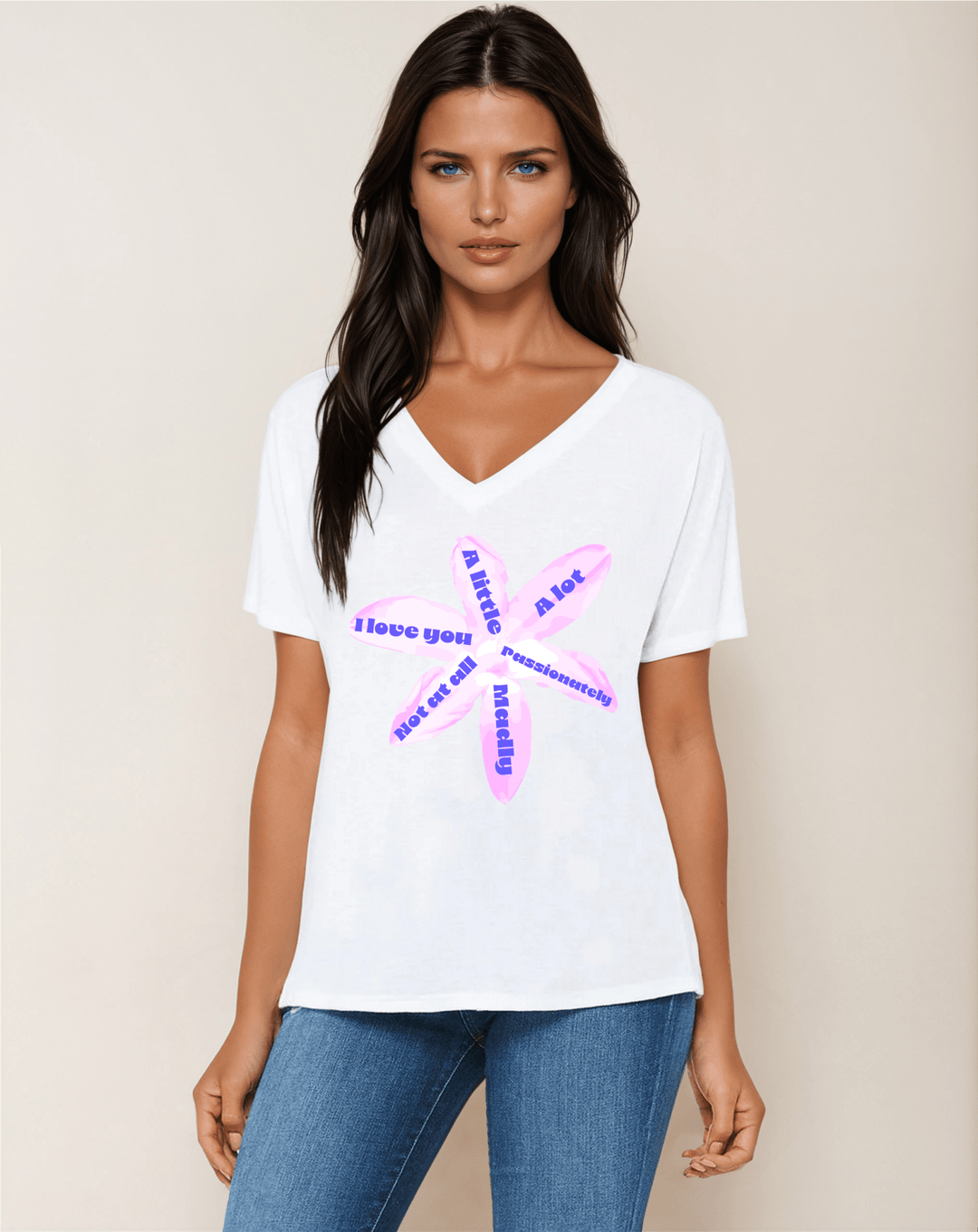 I love you, a little, a lot, rose pink - V - Neck Slouch Glam Tee - La Vie unfiltered