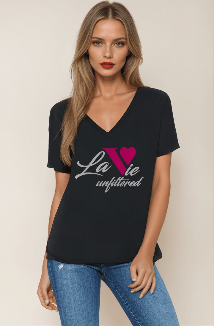 La Vie unfiltered pink - V - Neck Slouchy Glam Tee - La Vie unfiltered