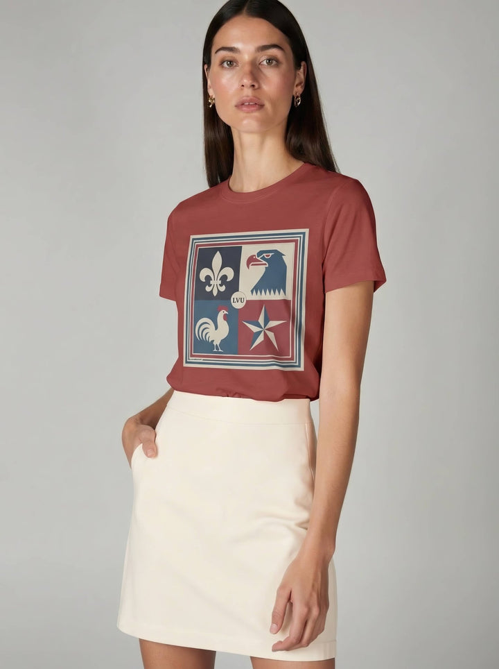 Model wearing Rouge Sienne with Le Crest graphic by La Vie unfiltered
