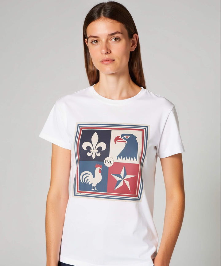Model wearing White with Le Crest graphic by La Vie unfiltered