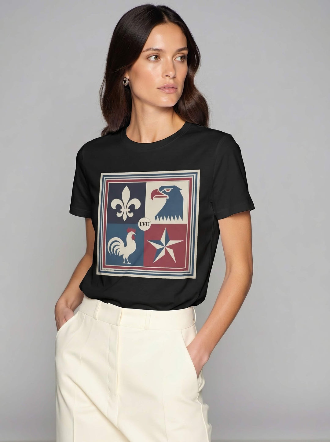 Model wearing Black with Le Crest graphic by La Vie unfiltered