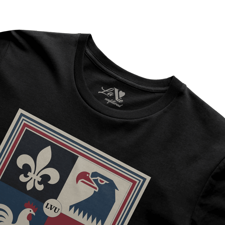 Black t-shirt with Le Crest graphic by La Vie unfiltered