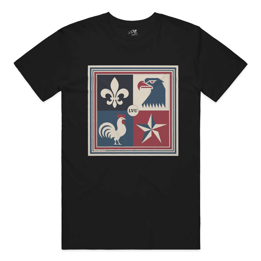 Black t-shirt with Le Crest graphic by La Vie unfiltered