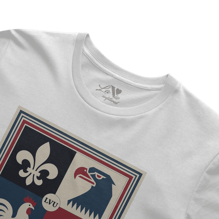 White t-shirt with Le Crest graphic by La Vie unfiltered