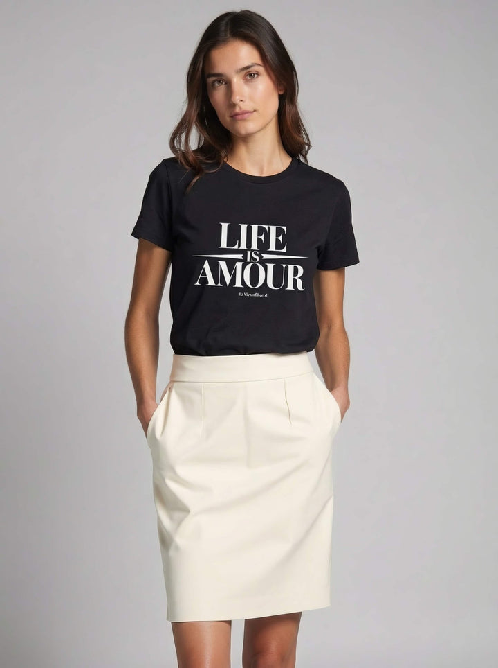 Model wearing Black with Life is Amour Black graphic by La Vie unfiltered
