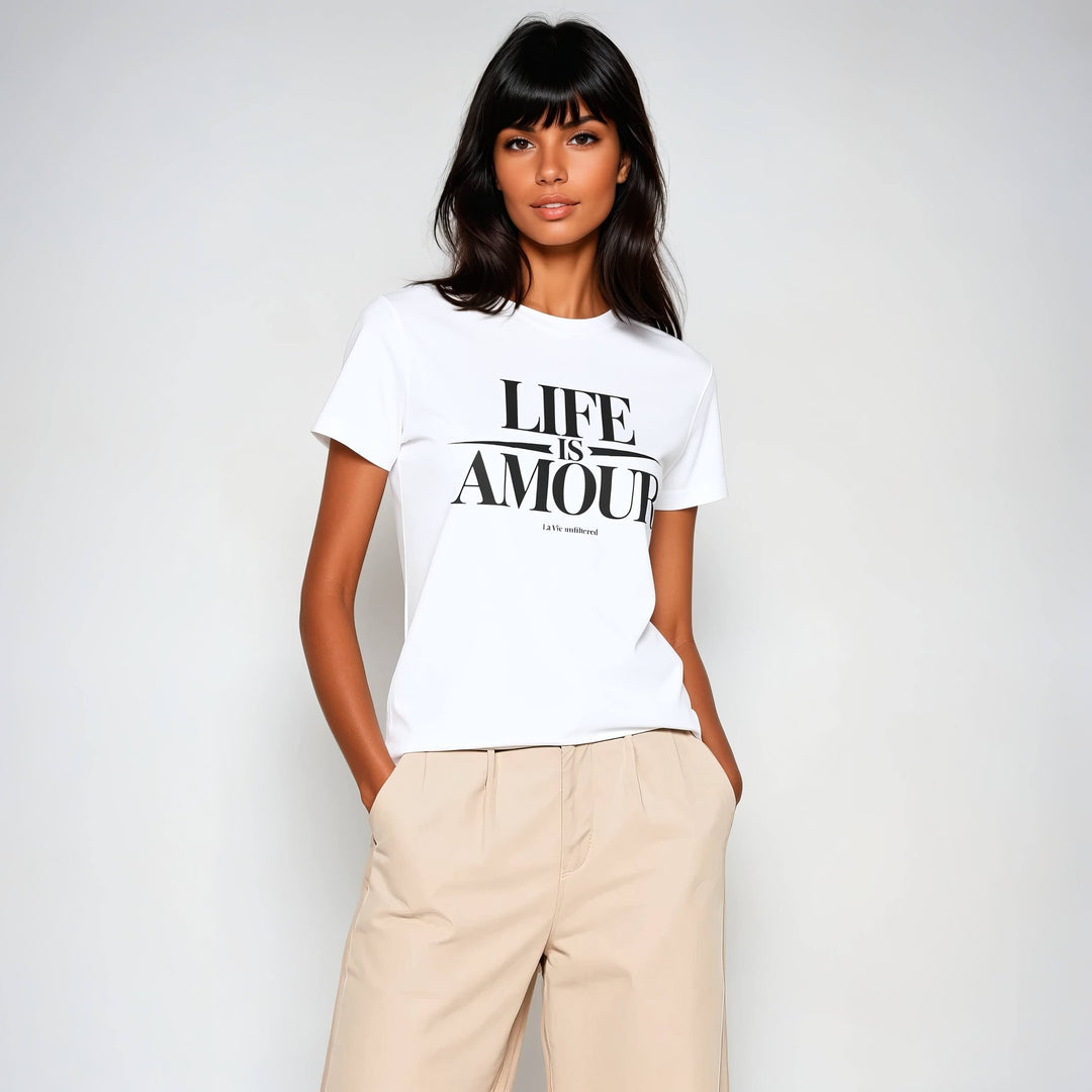 Model wearing White with Life is Amour White graphic by La Vie unfiltered