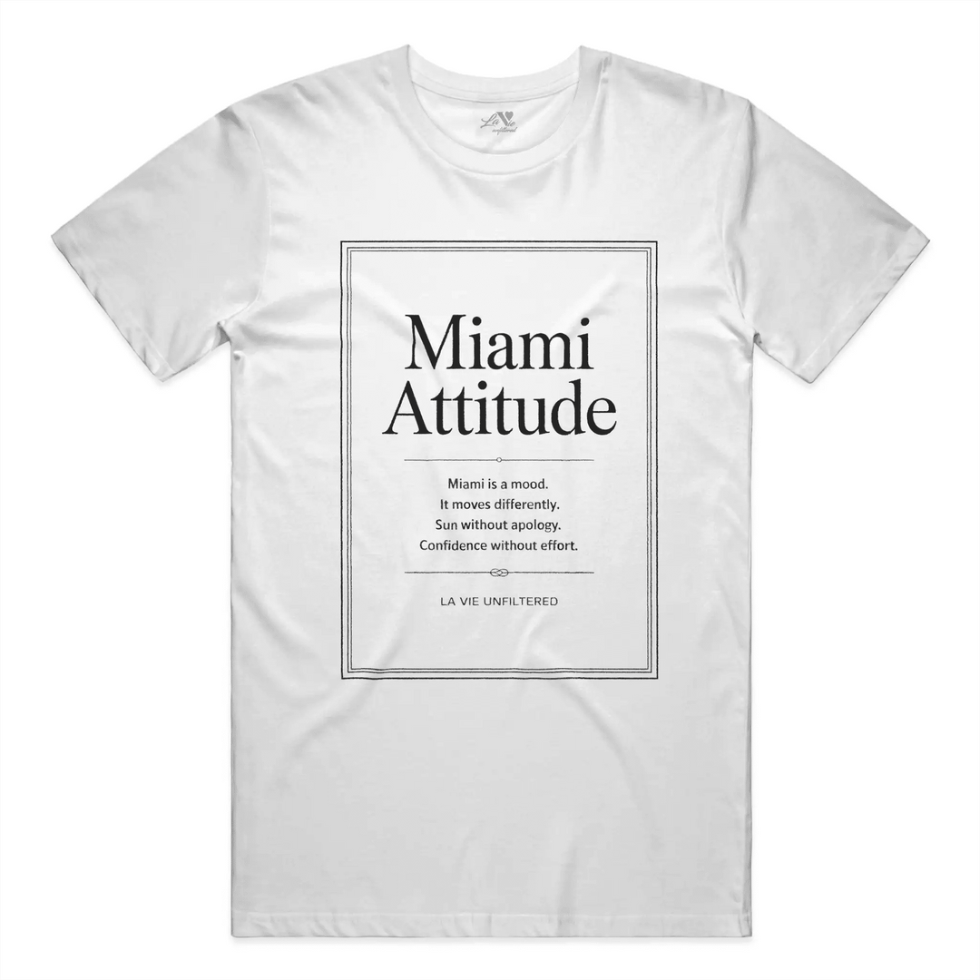 White t-shirt with Miami Attitude graphic by La Vie unfiltered