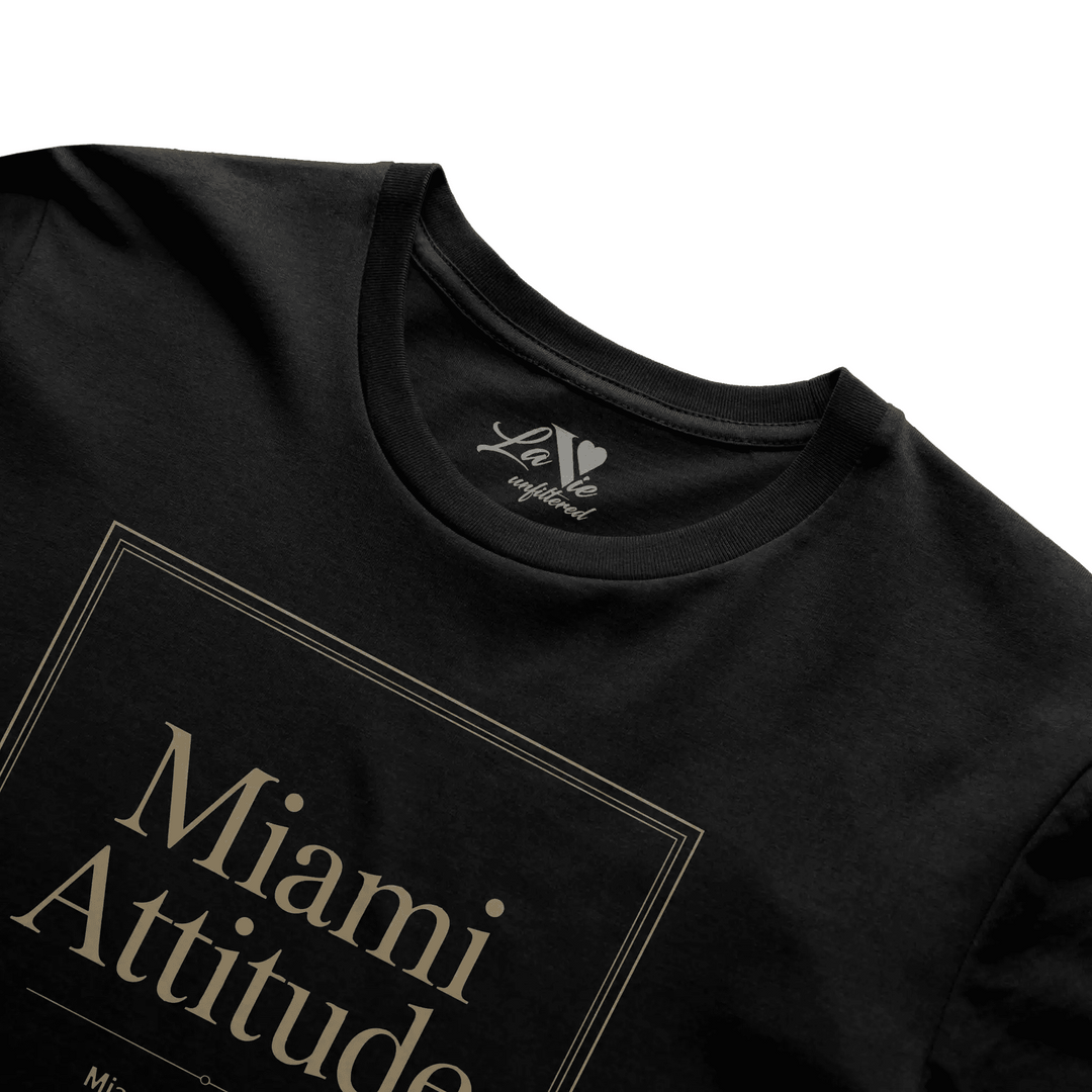 Black t-shirt with Miami Attitude graphic by La Vie unfiltered