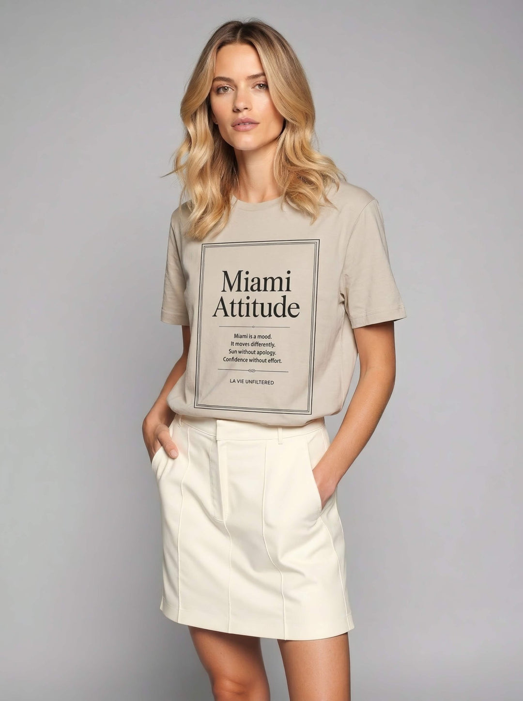 Model wearing Soft Sand with Miami Attitude graphic by La Vie unfiltered