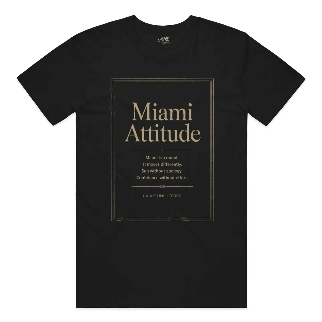 Black t-shirt with Miami Attitude graphic by La Vie unfiltered