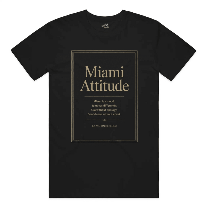 Black t-shirt with Miami Attitude graphic by La Vie unfiltered