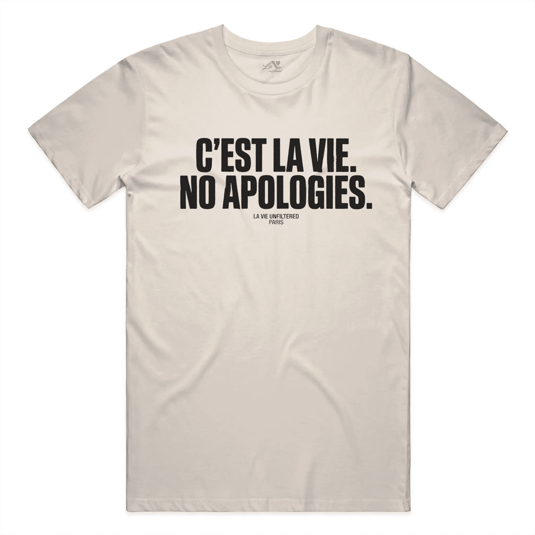 Soft Sand t-shirt with No Apologies graphic by La Vie unfiltered