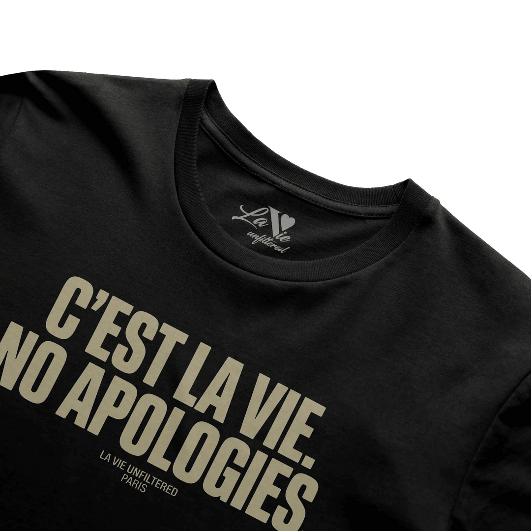 Black t-shirt with No Apologies graphic by La Vie unfiltered