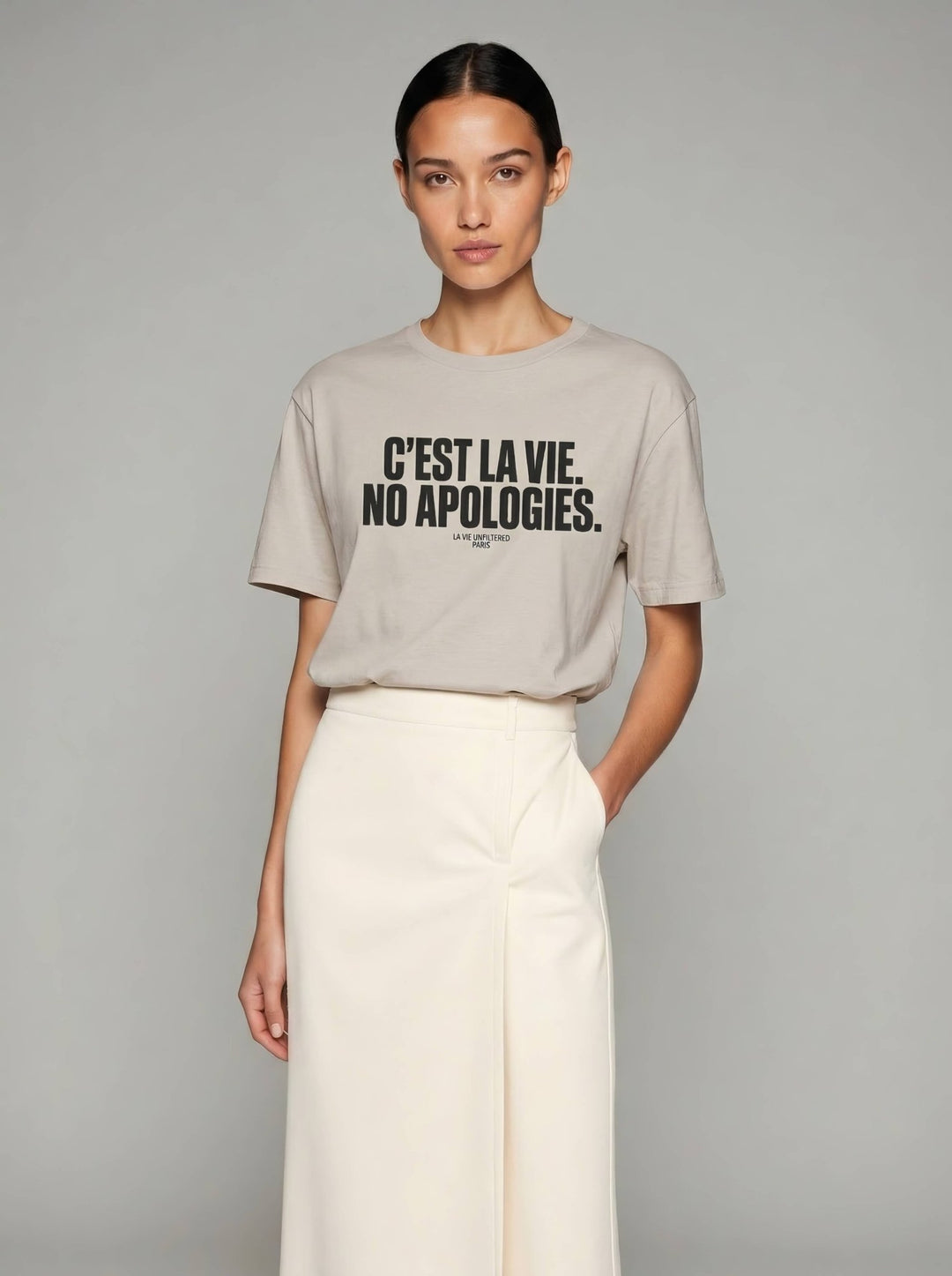 Model wearing Soft Sand with No Apologies graphic by La Vie unfiltered