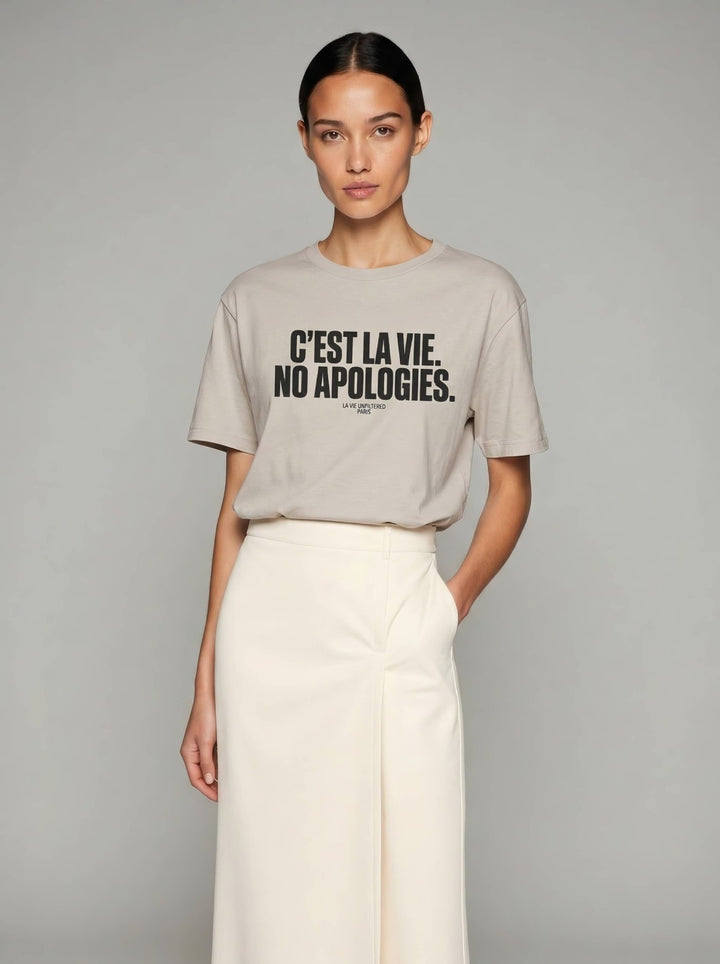 Model wearing Soft Sand with No Apologies graphic by La Vie unfiltered