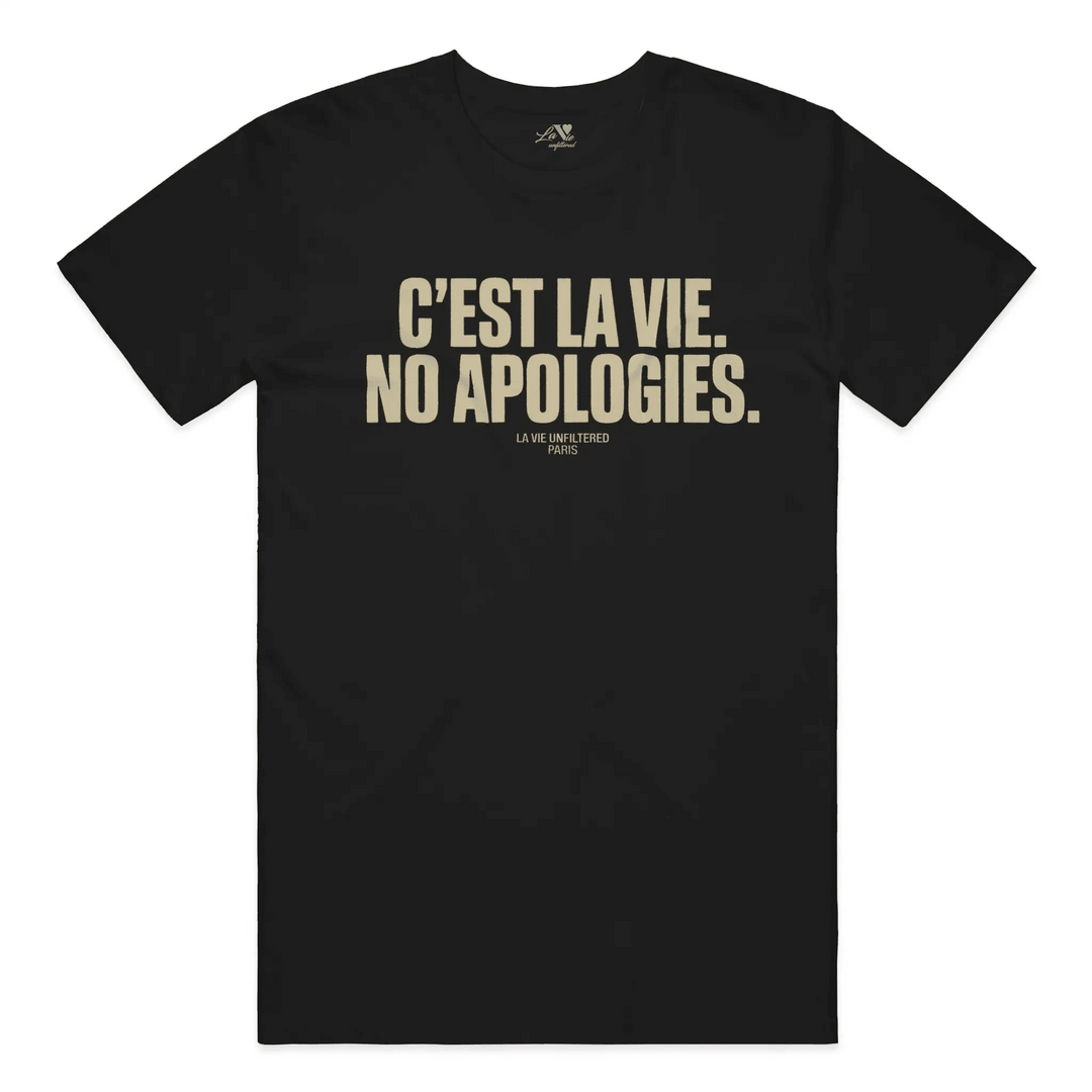 Black t-shirt with No Apologies graphic by La Vie unfiltered