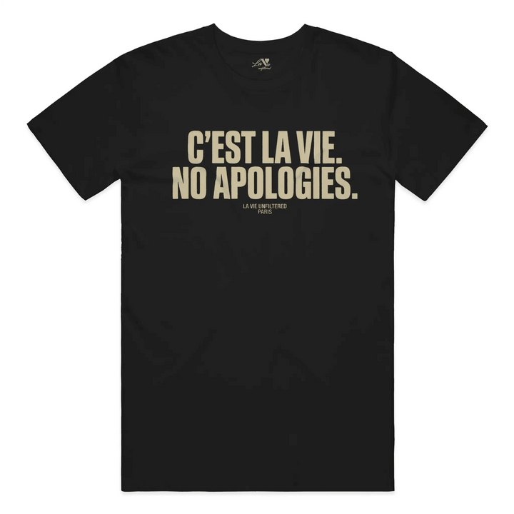Black t-shirt with No Apologies graphic by La Vie unfiltered