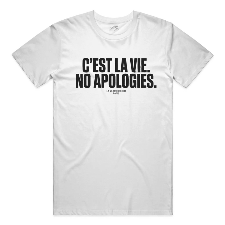 White t-shirt with No Apologies graphic by La Vie unfiltered