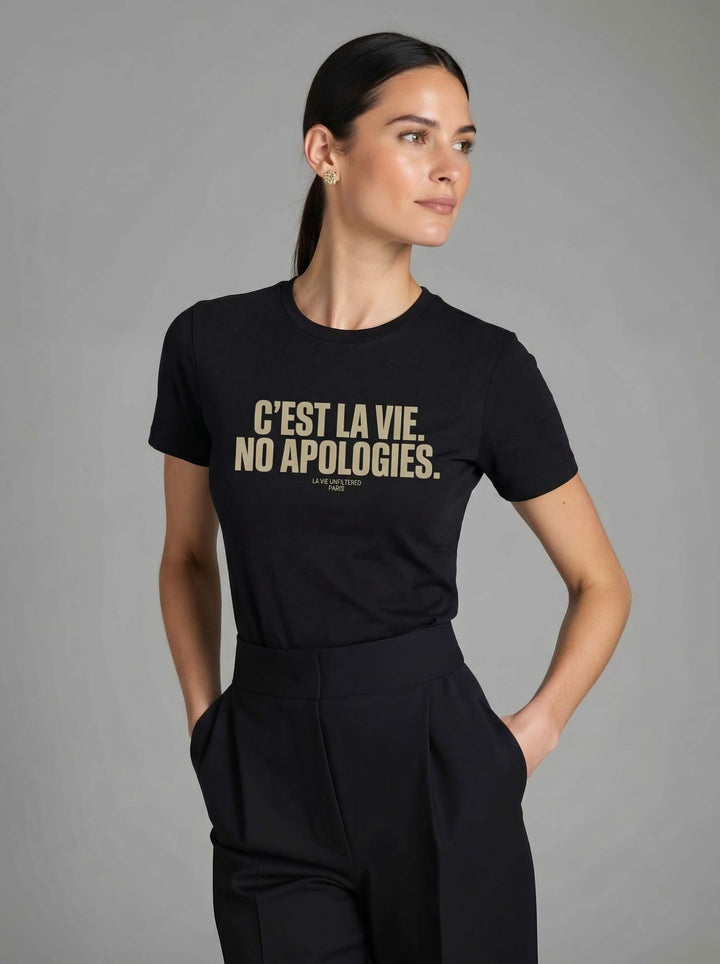 Model wearing Black with No Apologies graphic by La Vie unfiltered