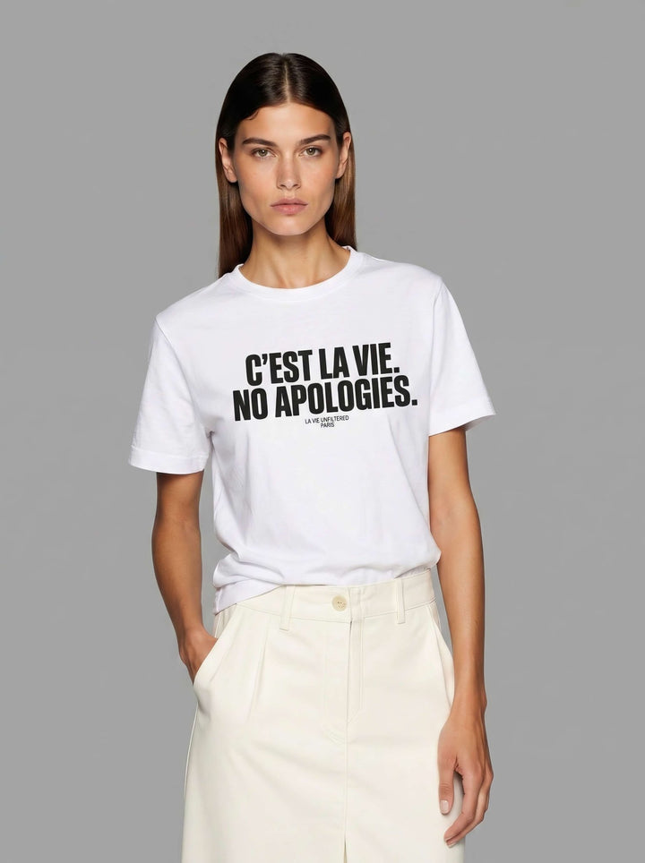 White t-shirt with No Apologies graphic by La Vie unfiltered