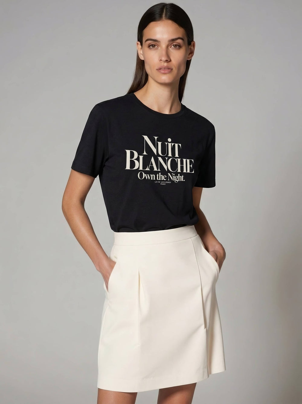 Model wearing Black with Nuit Blanche graphic by La Vie unfiltered