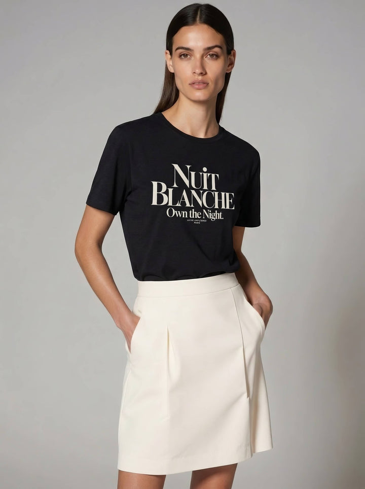 Model wearing Black with Nuit Blanche graphic by La Vie unfiltered