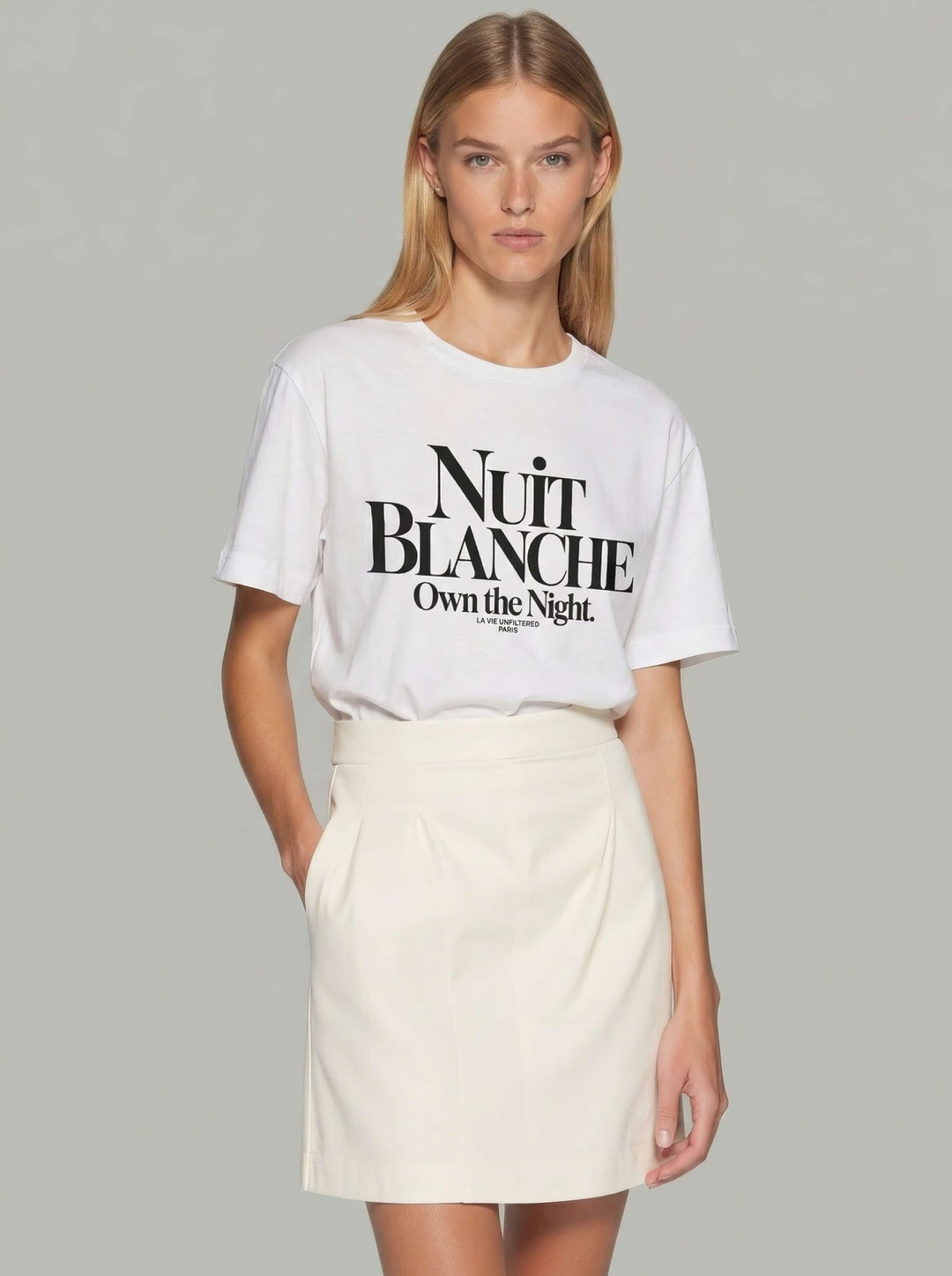 Model wearing White with Nuit Blanche graphic by La Vie unfiltered