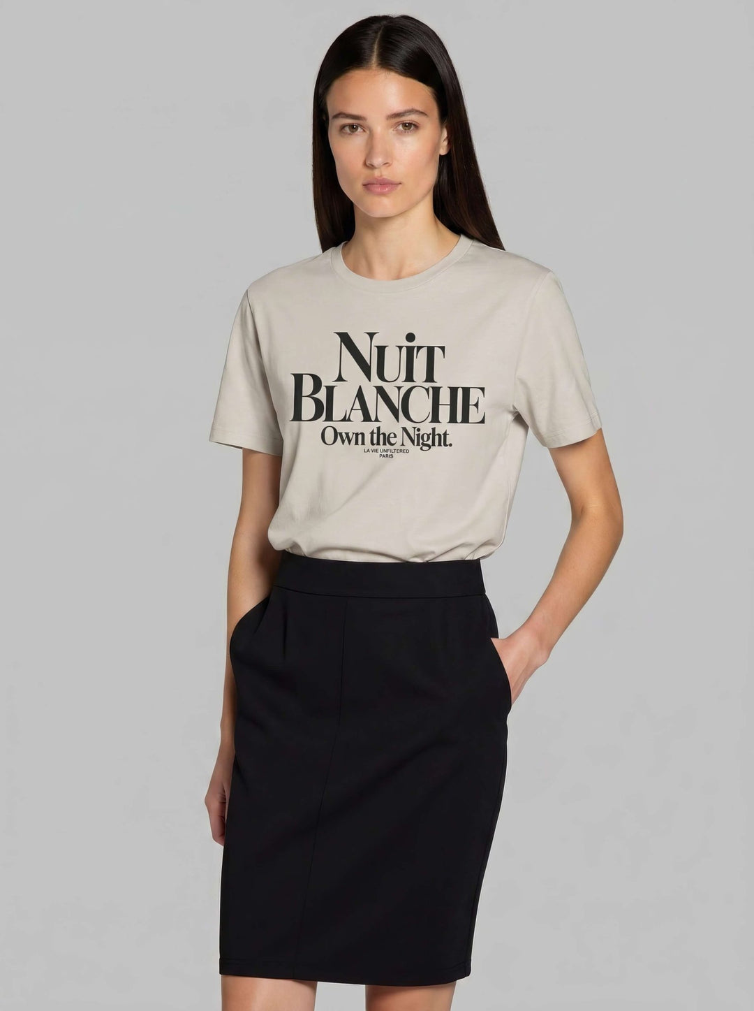 Model wearing Soft Sand with Nuit Blanche graphic by La Vie unfiltered