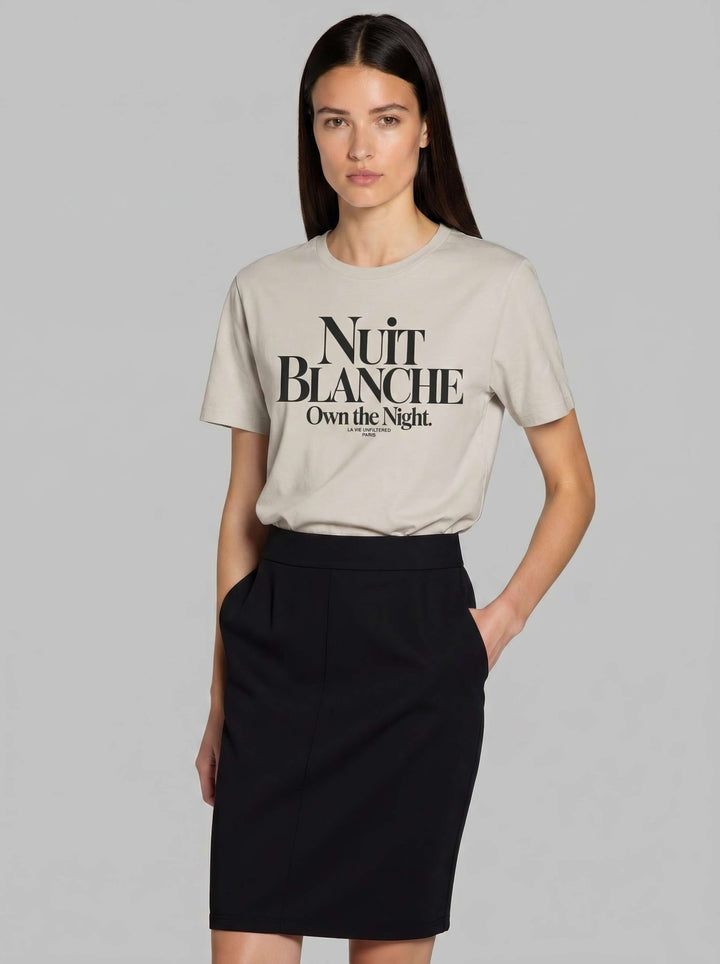 Model wearing Soft Sand with Nuit Blanche graphic by La Vie unfiltered