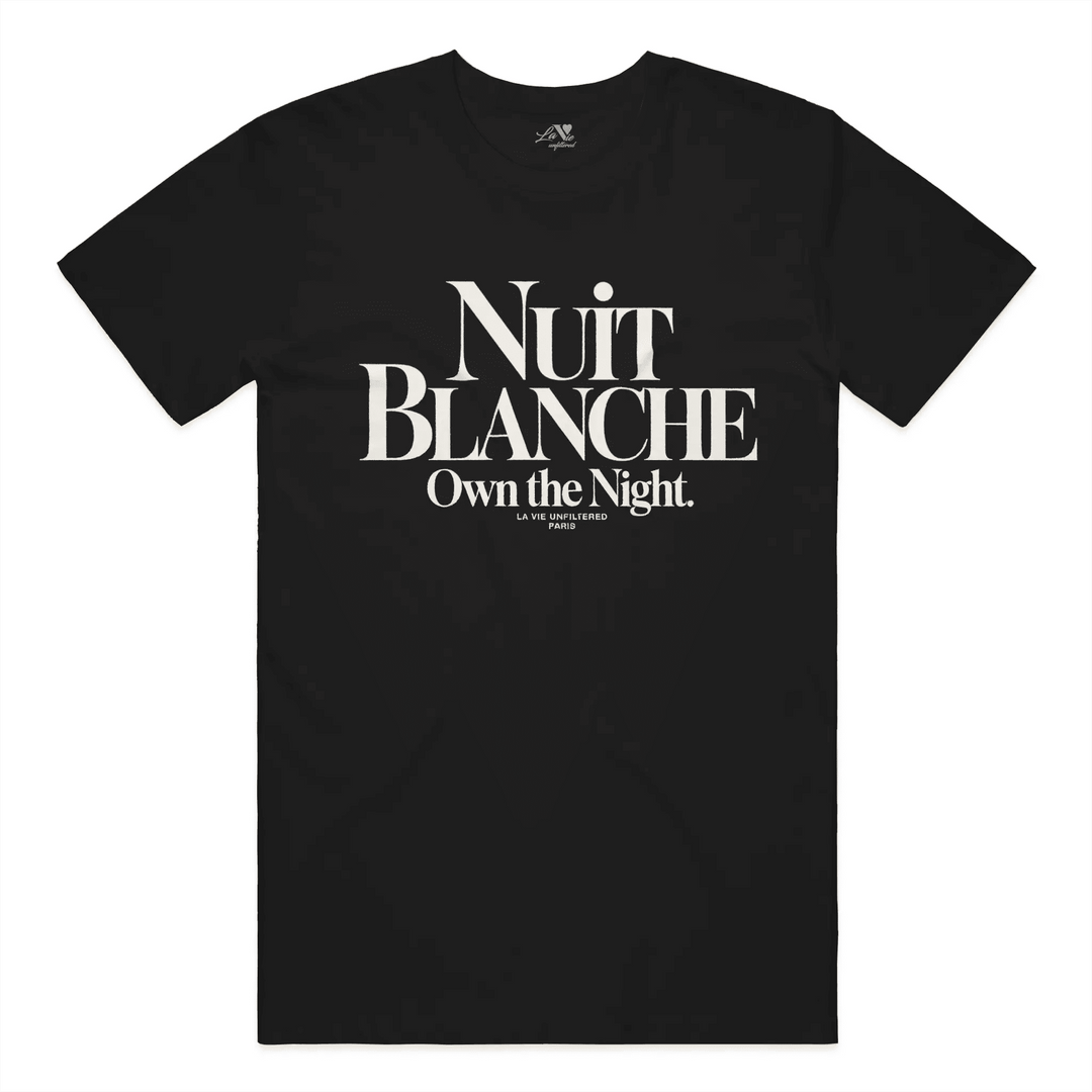 Black t-shirt with Nuit Blanche graphic print by La Vie unfiltered