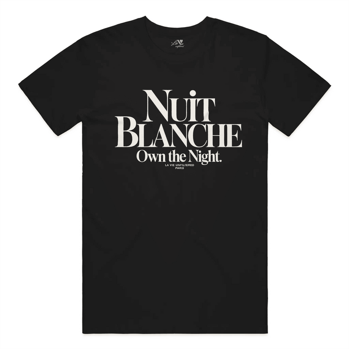 Black t-shirt with Nuit Blanche graphic print by La Vie unfiltered