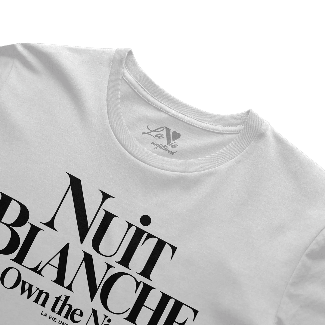 White t-shirt with Nuit Blanche graphic print by La Vie unfiltered