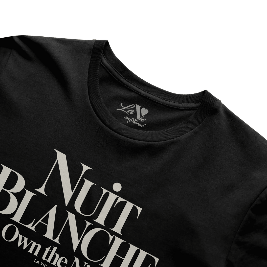 Black t-shirt with Nuit Blanche graphic print by La Vie unfiltered