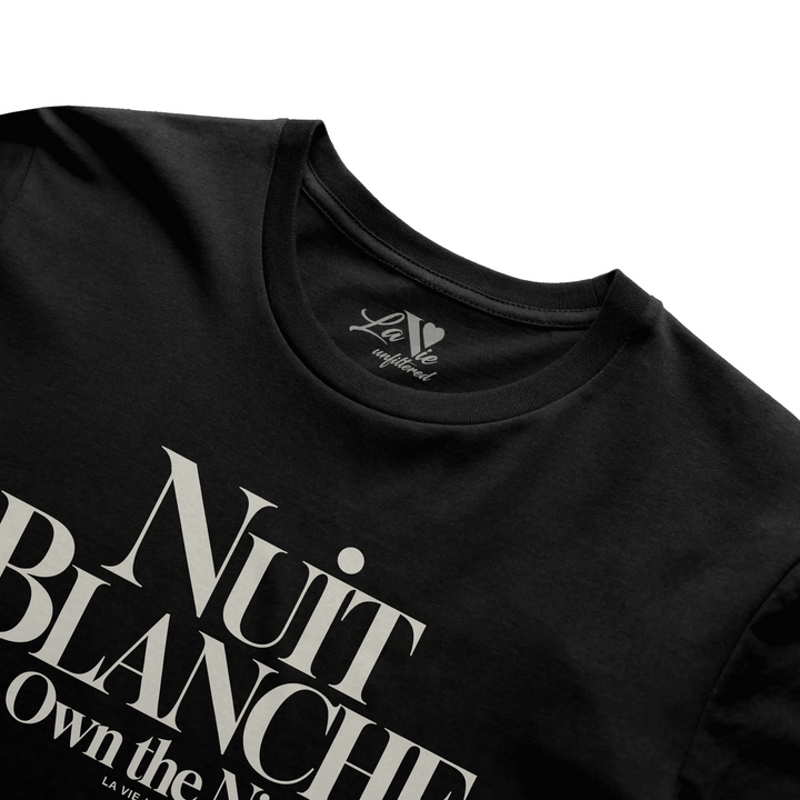 Black t-shirt with Nuit Blanche graphic print by La Vie unfiltered