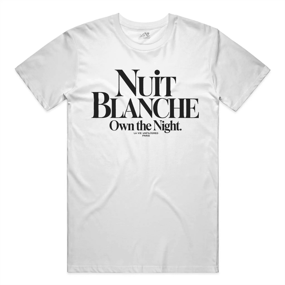 White t-shirt with Nuit Blanche graphic print by La Vie unfiltered