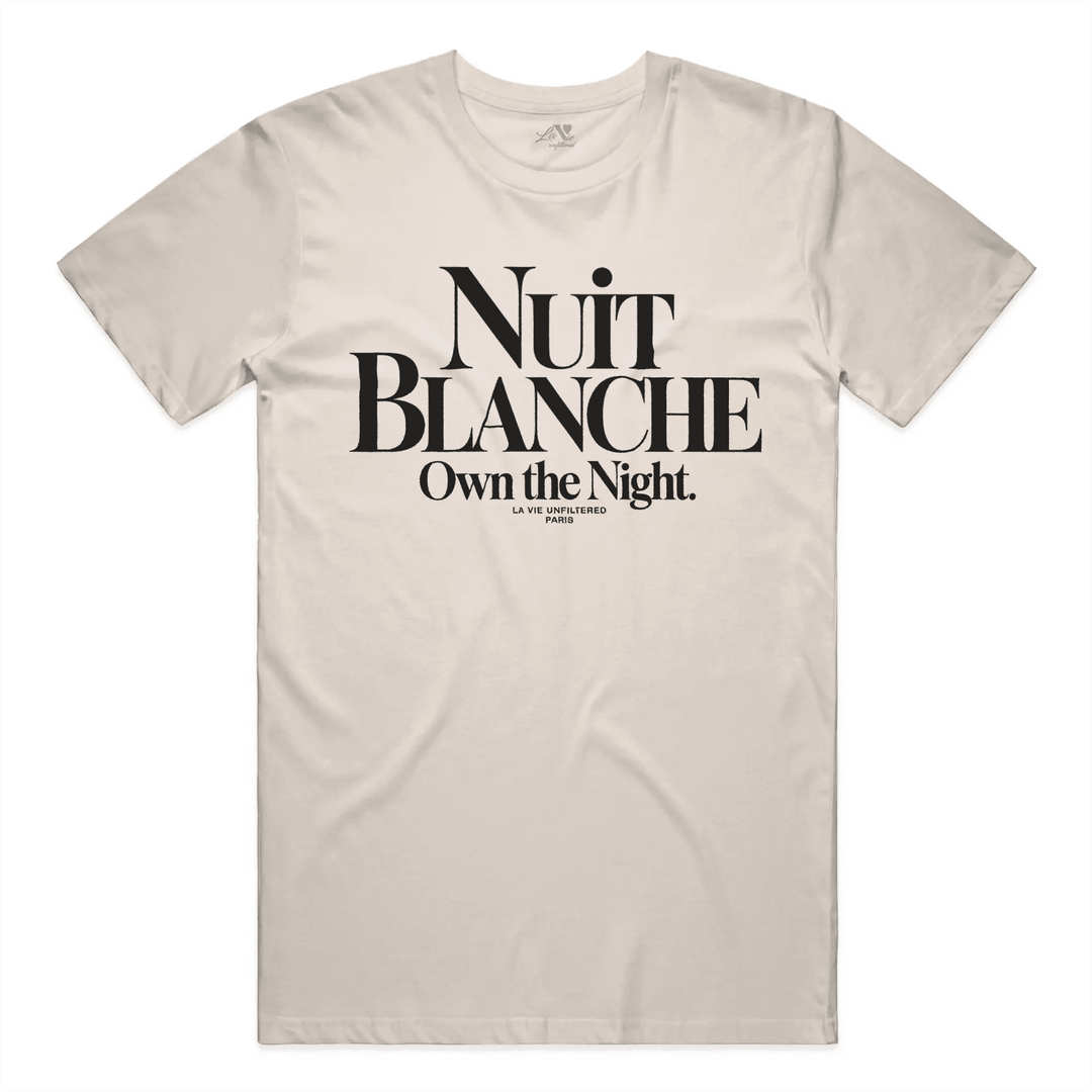 Soft Sand t-shirt with Nuit Blanche graphic print by La Vie unfiltered