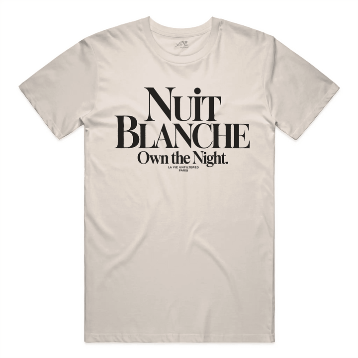 Soft Sand t-shirt with Nuit Blanche graphic print by La Vie unfiltered