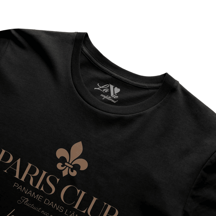 Black t-shirt with Paname Club graphic by La Vie unfiltered