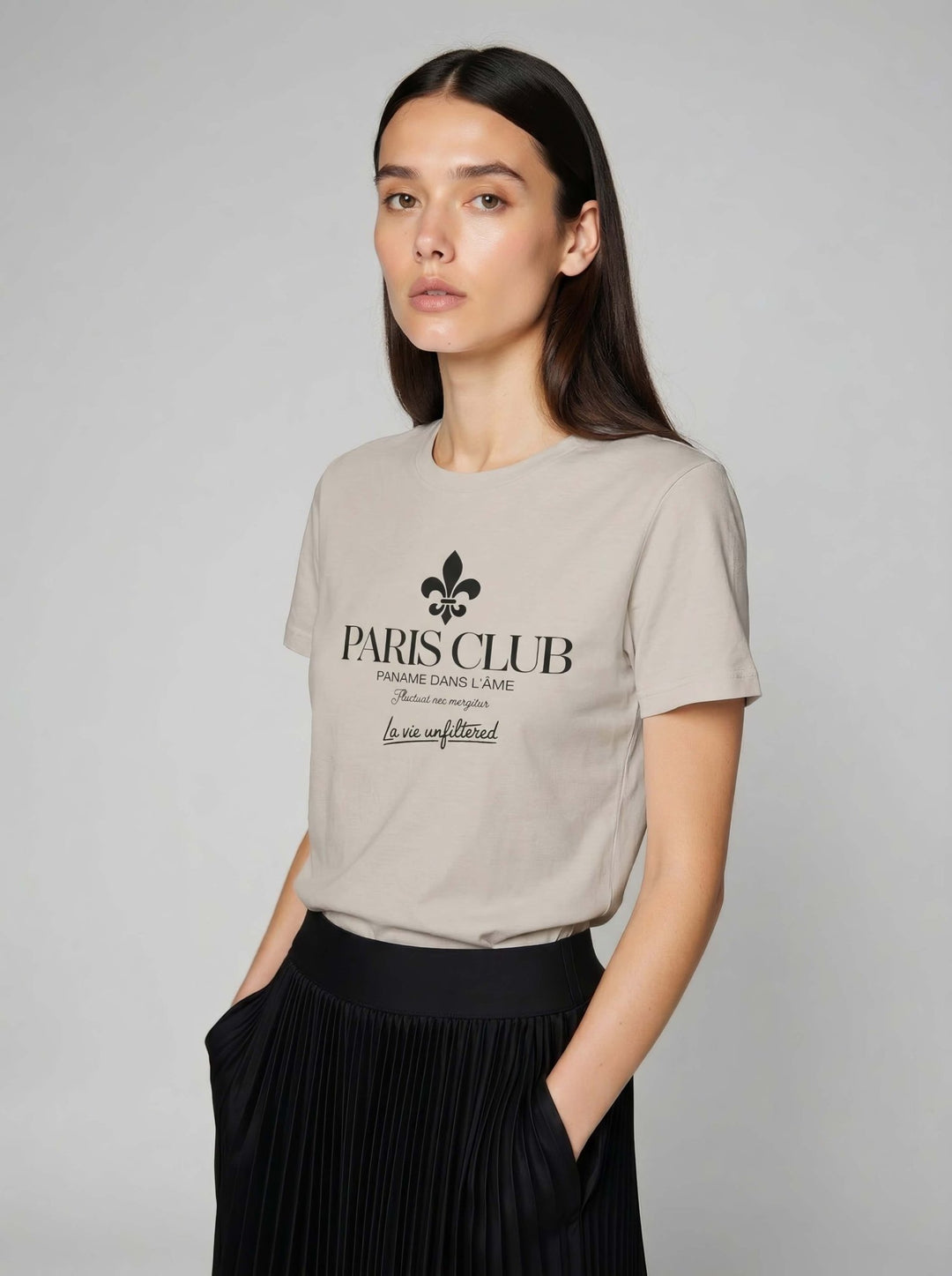 Model wearing Soft Sand with Paname Club graphic by La Vie unfiltered