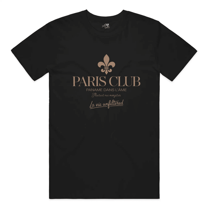Black t-shirt with Paname Club graphic by La Vie unfiltered
