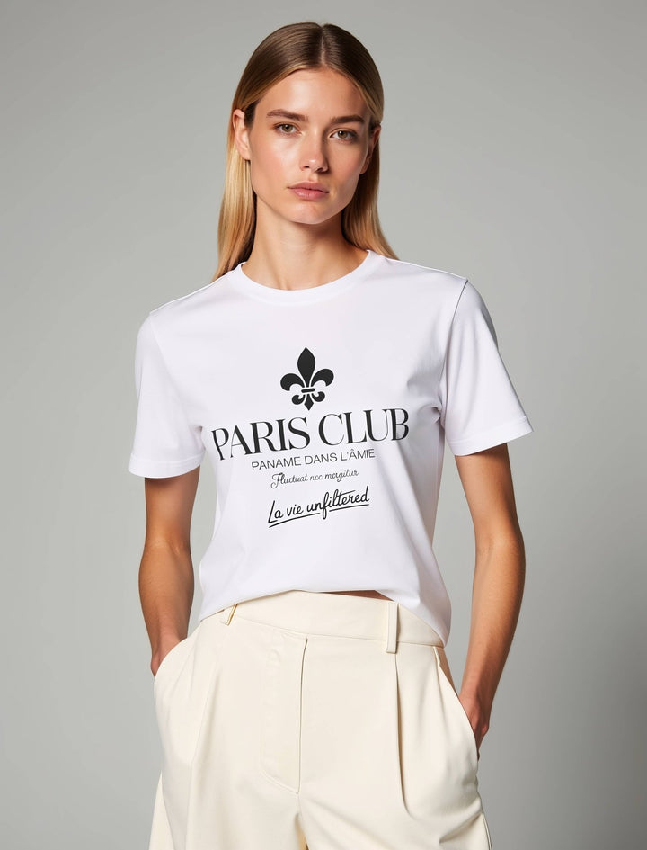 Model wearing White with Paname Club graphic by La Vie unfiltered