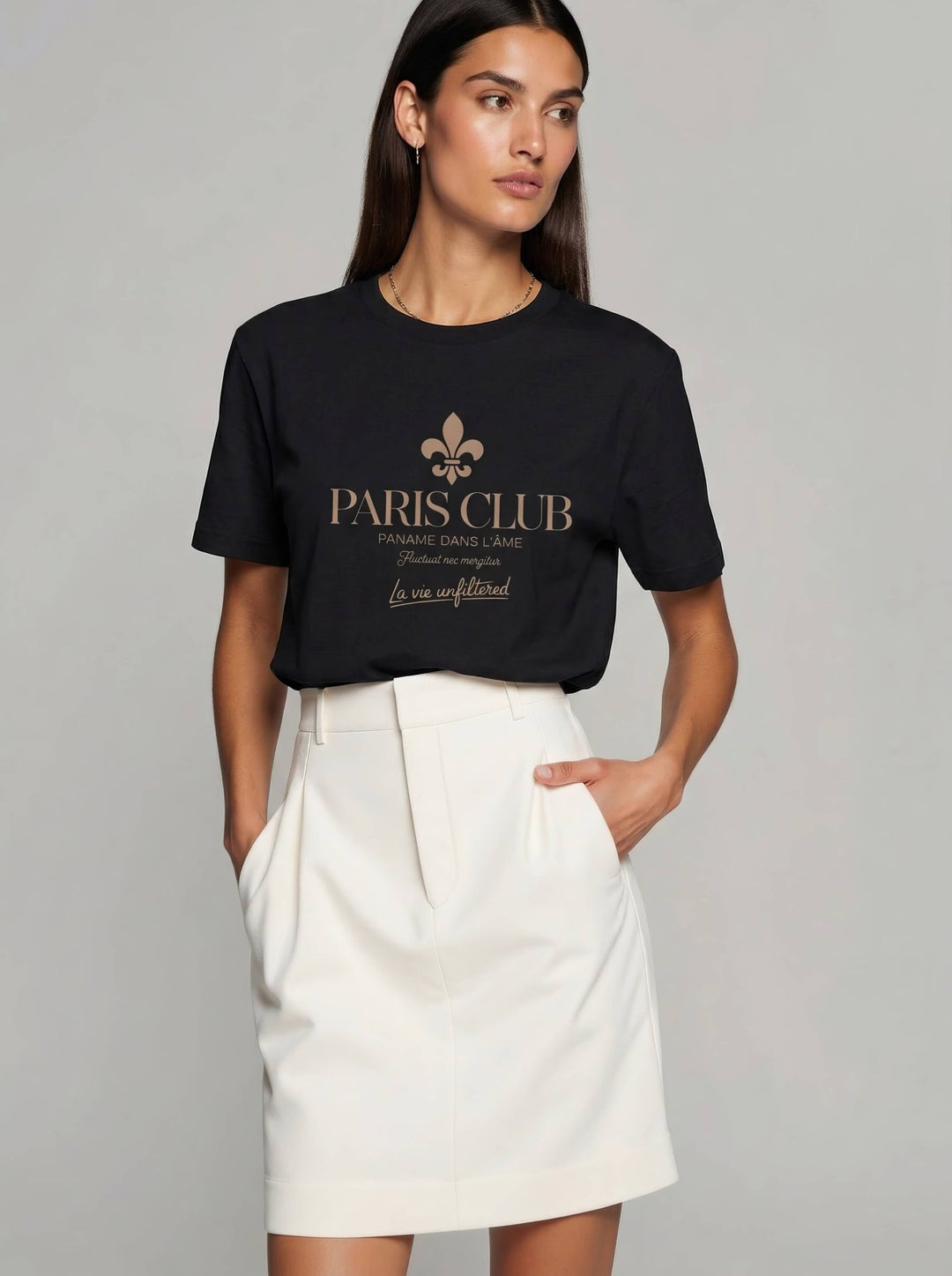 Model wearing Black with Paname Club graphic by La Vie unfiltered