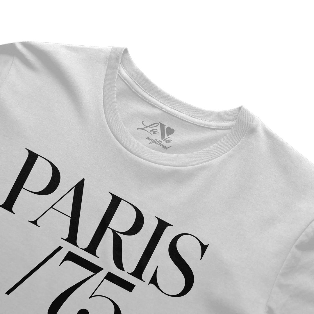 White t-shirt with Paris 75 graphic by La Vie unfiltered